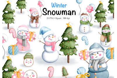 Watercolor Winter Snowman Clipart