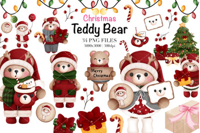 Watercolor Christmas Teddy Bear Clipart