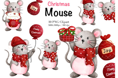 Watercolor Christmas Mouse Clipart.