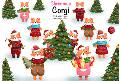 Watercolor Christmas Corgi Clipart