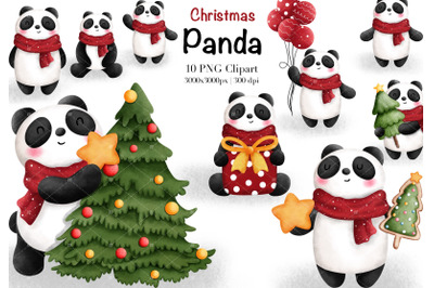 Watercolor Christmas Panda Clipart.