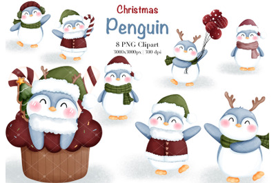 Watercolor Christmas Penguin Clipart.