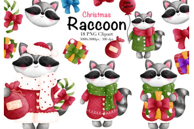 Watercolor Christmas Raccoon Clipart.