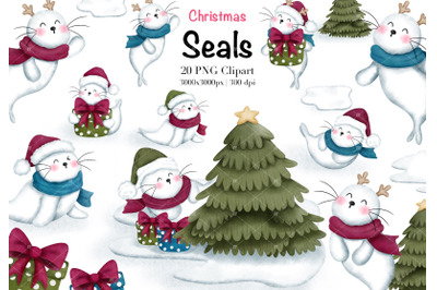Watercolor Christmas Seals Clipart, Christmas Animal Clipart.