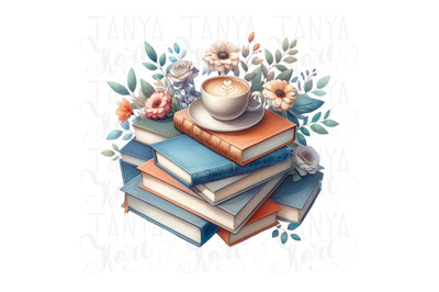 Books and Flowers Digital, Pastel Book &amp; Coffee PNG