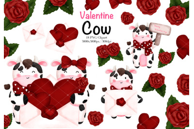 Watercolor Valentine&#039;s Day Cows Clipart.
