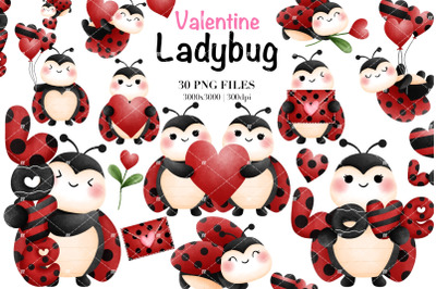 Watercolor Valentine Ladybug Clipart.