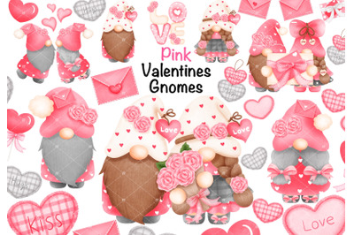 Watercolor Pink Valentine Gnome Clipart.
