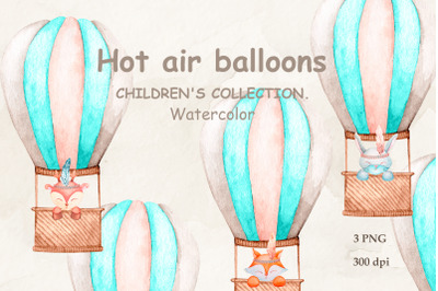 HOT AIR BALLONS WITH CUTE ANIMALS. WATERCOLOR SUBLIMATION.