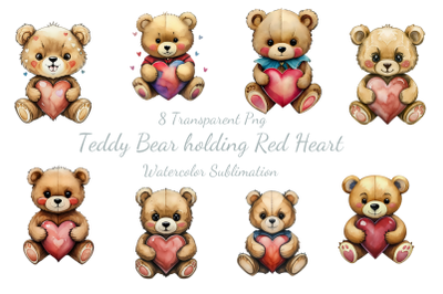 Teddy Bear Holding Red Heart Watercolor