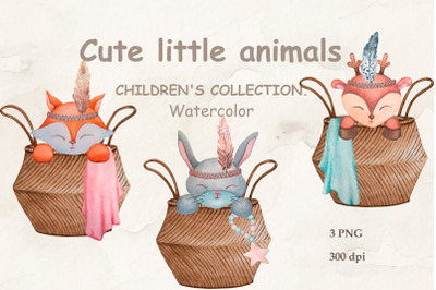 CUTE ANIMALS IN BASKETS. WATERCOLOR SUBLIMATION PNG