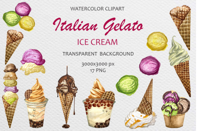 Watercolor Italian Gelato Ice Cream Clip Art Set