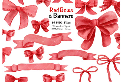 Watercolor Red Bows And Banners Clipart.