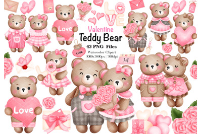 Watercolor Valentine Teddy Bear Clipart