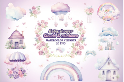 Watercolor Baby Shower Clouds &amp; Rainbows