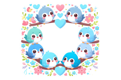 Cute Colorful Valentine blue bird heart shape frame