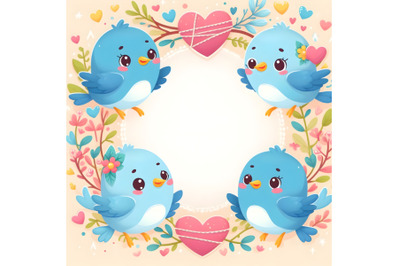 Cute Colorful Valentine blue bird heart shape frame