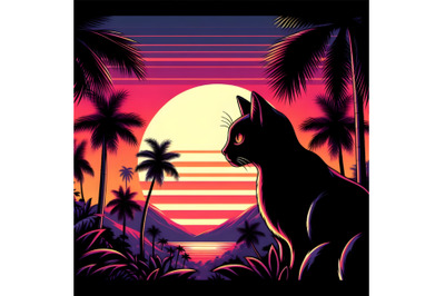 a Black Cat Silhouette Against Sunset with Palm Trees