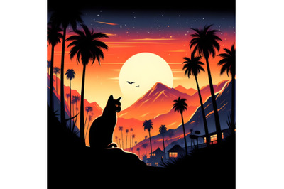 a Black Cat Silhouette Against Sunset with Palm Trees