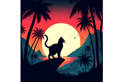 a Black Cat Silhouette Against Sunset with Palm Trees