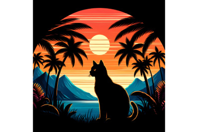 a Black Cat Silhouette Against Sunset with Palm Trees