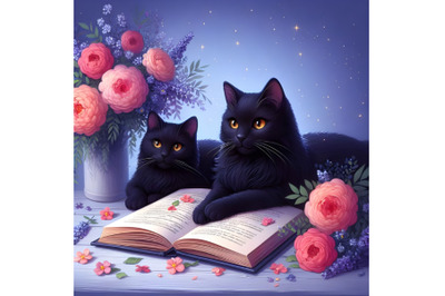 Black Cat Reading Book with Flowers