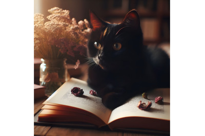 Black Cat Reading Book with Flowers