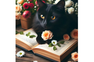 Black Cat Reading Book with Flowers