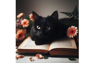 Black Cat Reading Book with Flowers