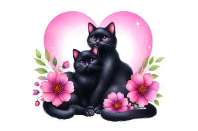 two black cats sitting next to a heart-shaped pink flower