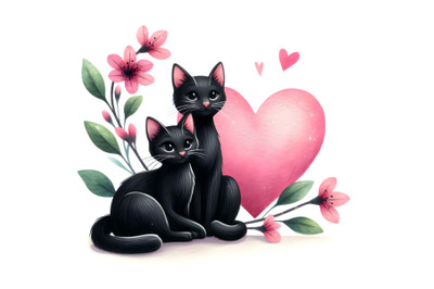 two black cats sitting next to a heart-shaped pink flower