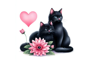 two black cats sitting next to a heart-shaped pink flower