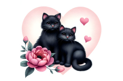 two black cats sitting next to a heart-shaped pink flower