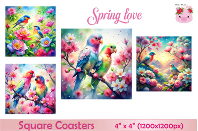 Birds Love Spring Nature Square Coasters