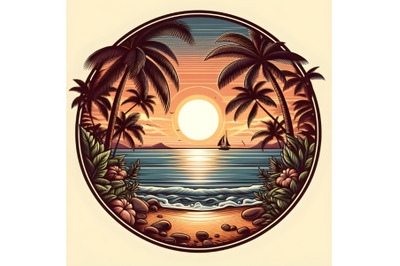 Beach Sunset with Palm Trees in Circular Frame