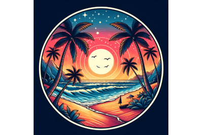 Beach Sunset with Palm Trees in Circular Frame
