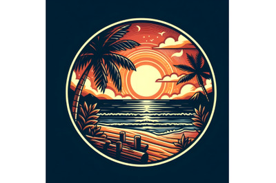 Beach Sunset with Palm Trees in Circular Frame