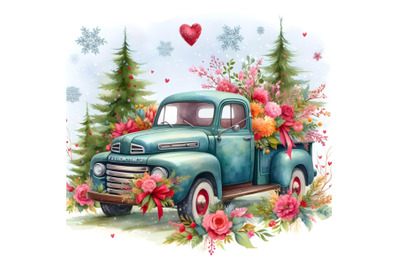 old truck decorated for Valentine&#039;s Day