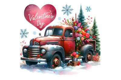 old truck decorated for Valentine&#039;s Day