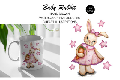 Watercolor Drawn Cute Baby Rabbit Illustration