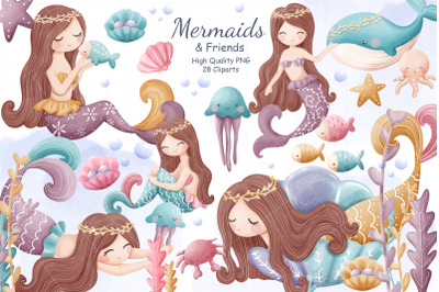 Cute Mermaids and Sea Life Clipart