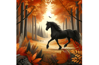 Black Horse in Autumn-Colored Forest