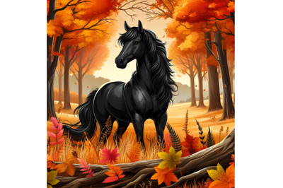 Black Horse in Autumn-Colored Forest