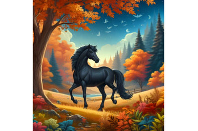 Black Horse in Autumn-Colored Forest