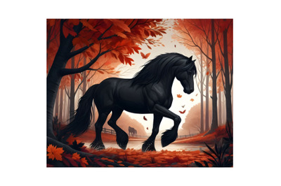 Black Horse in Autumn-Colored Forest