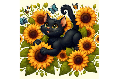 Playful Black Cat Among Sunflowers