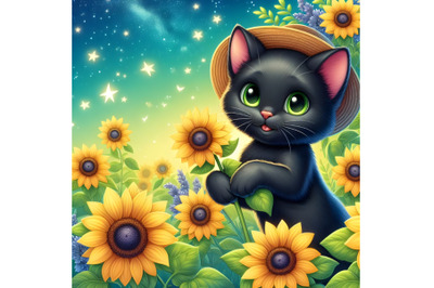 Playful Black Cat Among Sunflowers