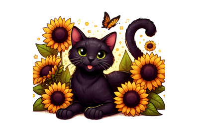 Playful Black Cat Among Sunflowers