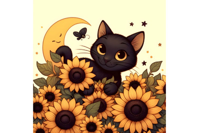 Playful Black Cat Among Sunflowers