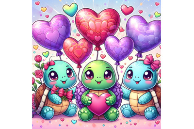 Cute Turtles with Heart-Shaped Balloons